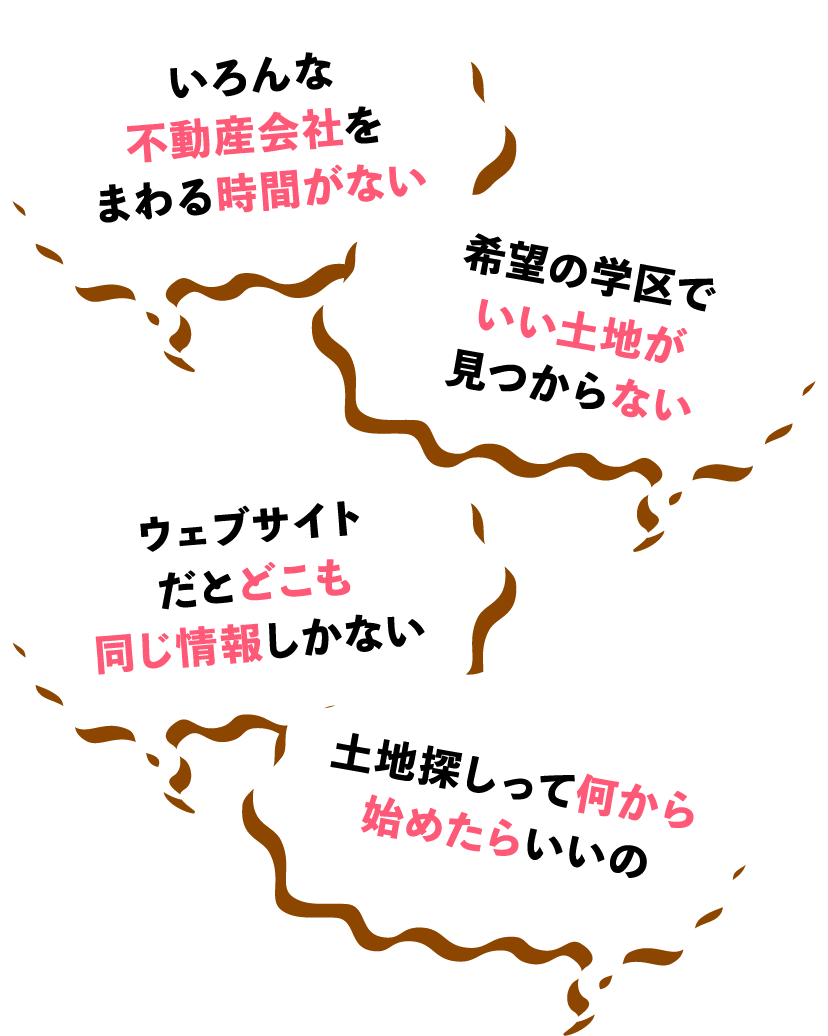 いろんな不動産会社をまわる時間がない。希望の学区でいい土地がみつからない。