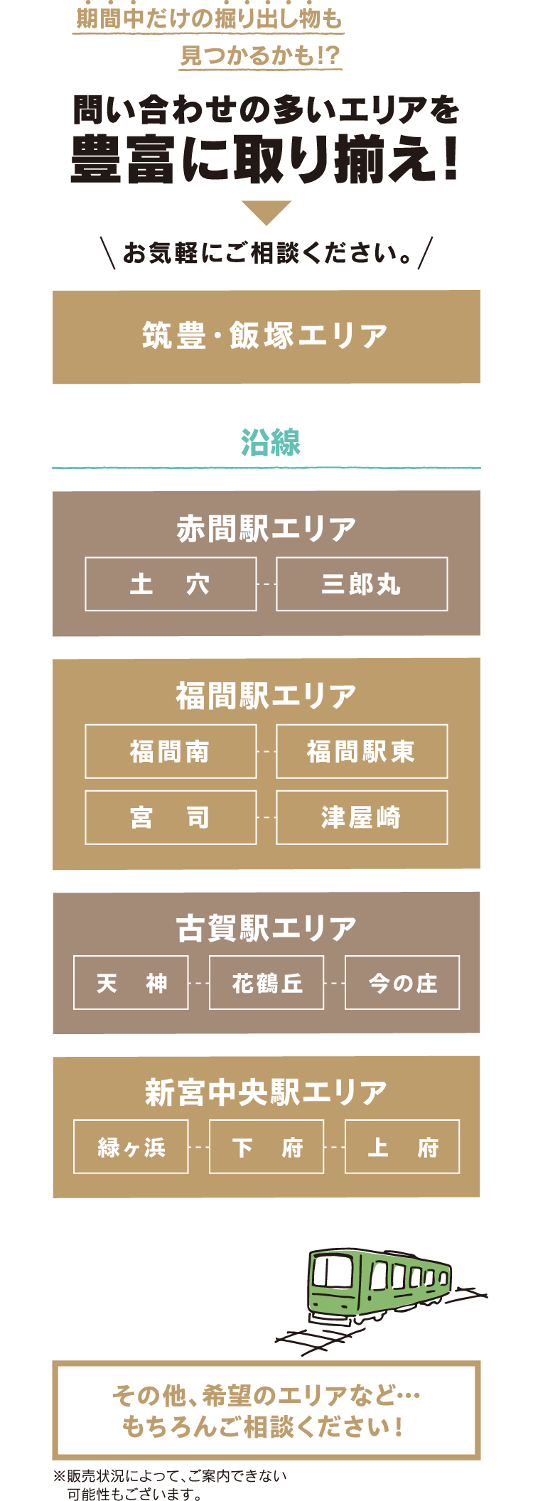 問い合わせの多いエリアを豊富に取り揃え