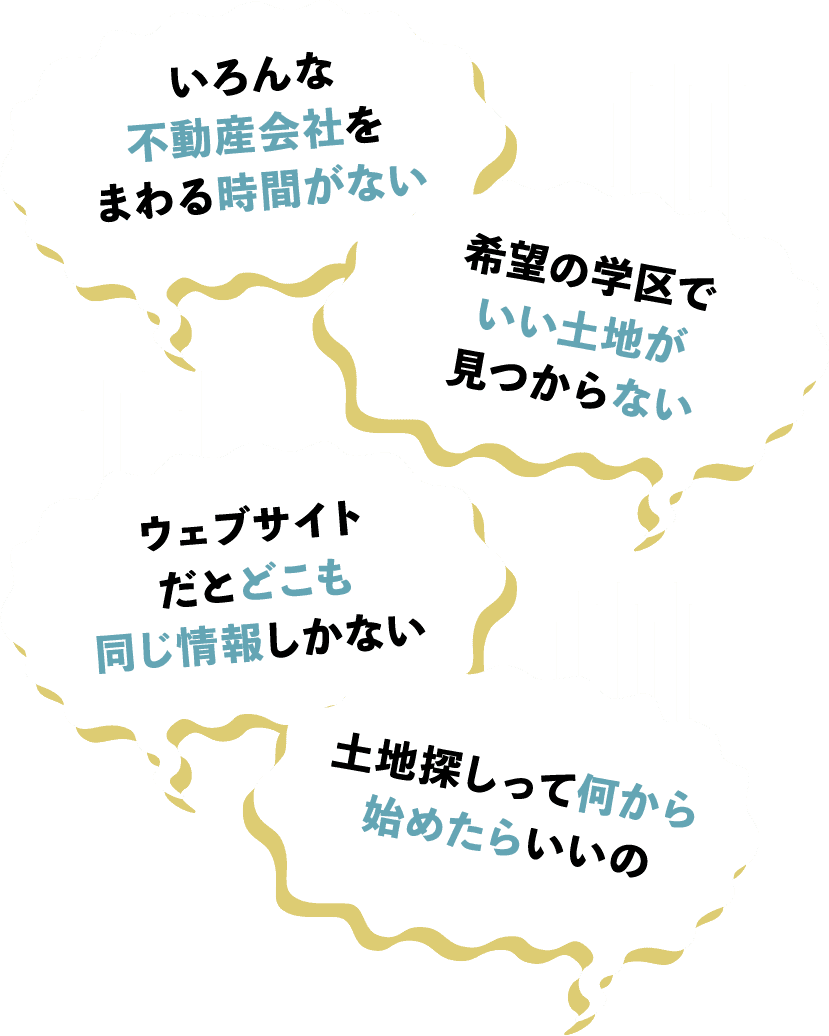 いろんな不動産会社をまわる時間がない。希望の学区でいい土地がみつからない。